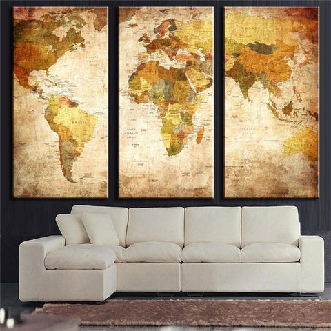 3 Panel Vintage World Map Canvas Art